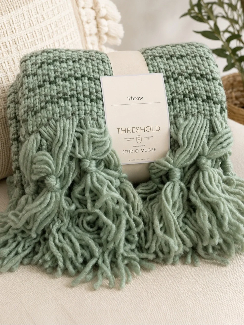 Studio McGee Mint Sage Knit Throw with Fringe